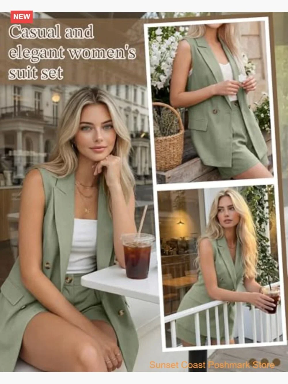 Women 2 Piece Set Sleeveless Button Vest and Elastic Waist Shorts Matching